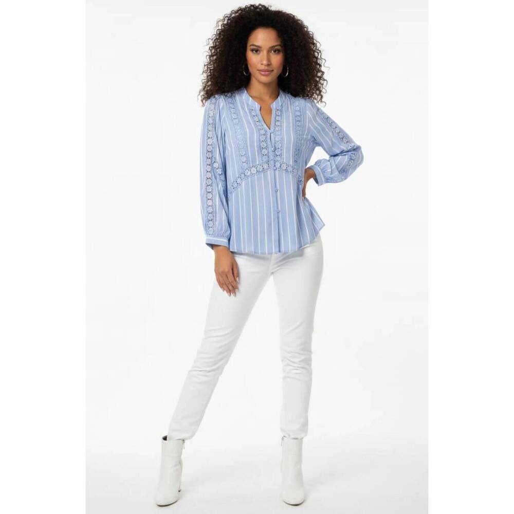 NEW HESTER & ORCHARD striped lace-detail split neck blouse in blue white